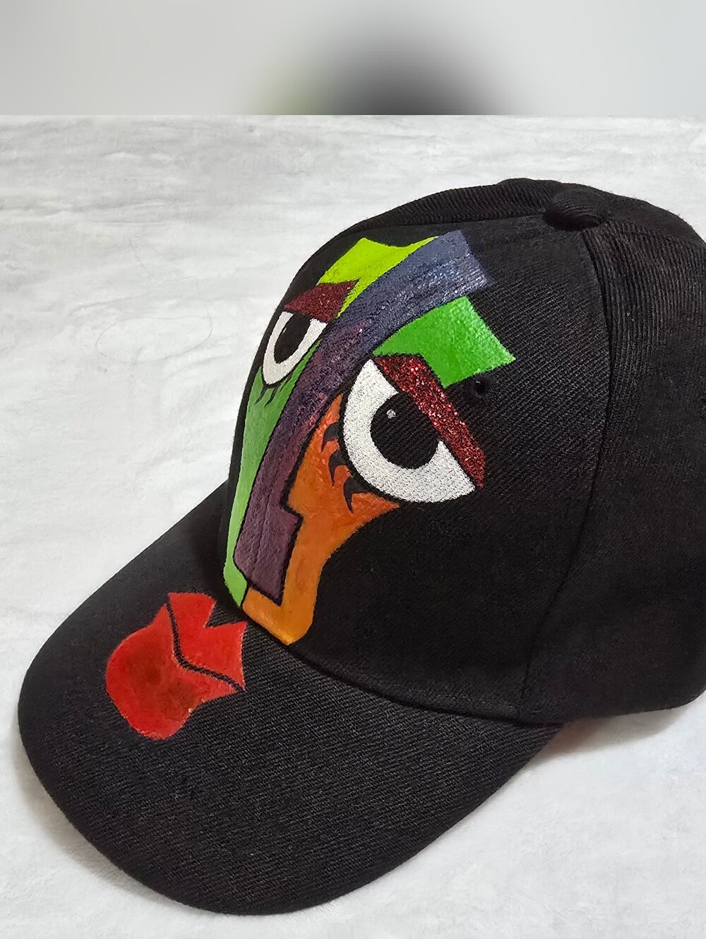 Black Art Face Baseball Cap with Colorful Abstract Design, Hand Painted. Unisex - Picture 2 of 10
